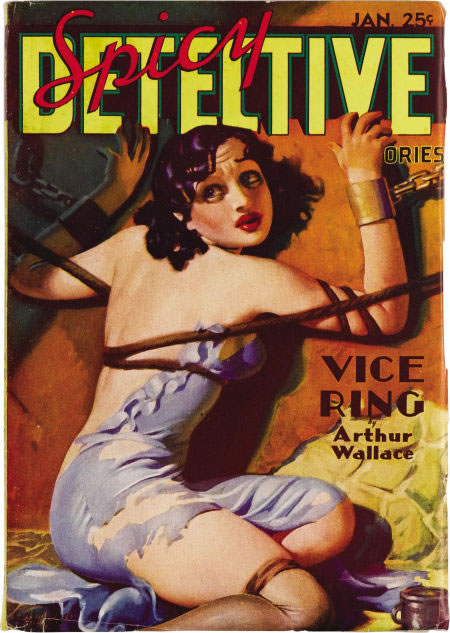 a spicy detective cover featuring a woman in bondage. typical pulp cover material.